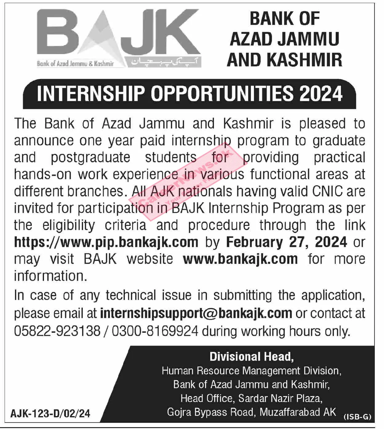 Bank of AJK Internships 2024 - BAJK Internship Program Online Apply