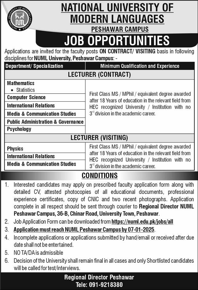 NUML University Peshawar Campus Jobs 2025 Online Application Form